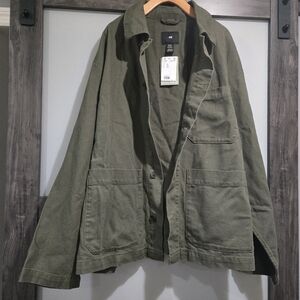 H&M Men's Cotton Twill Button Shacket Jacket Military Dark Olive Green XXL NWT